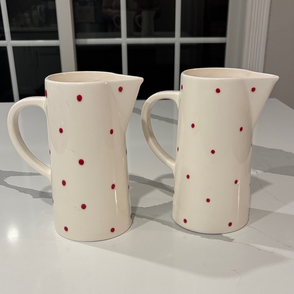 White Ceramic Pitchers with Red Polka Dots..Set of 2… 6.5x4 Inches